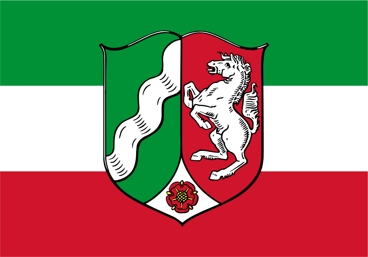 North Rhine Westphalia State Flag A flat graphic of the flag of Bad Wildbad, featuring horizontal stripes of green, white, and red, with a central shield displaying a green side with a white wave, a red side with a white rearing horse, and a white bottom section with a red rose.