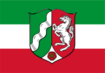 North Rhine Westphalia State Flag A flat graphic of the flag of Bad Wildbad, featuring horizontal stripes of green, white, and red, with a central shield displaying a green side with a white wave, a red side with a white rearing horse, and a white bottom section with a red rose.