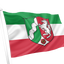 North Rhine Westphalia State Flag. A flag on a white pole with horizontal green, white, and red bands and a central coat of arms featuring a white horse on a red shield, isolated on a white background.