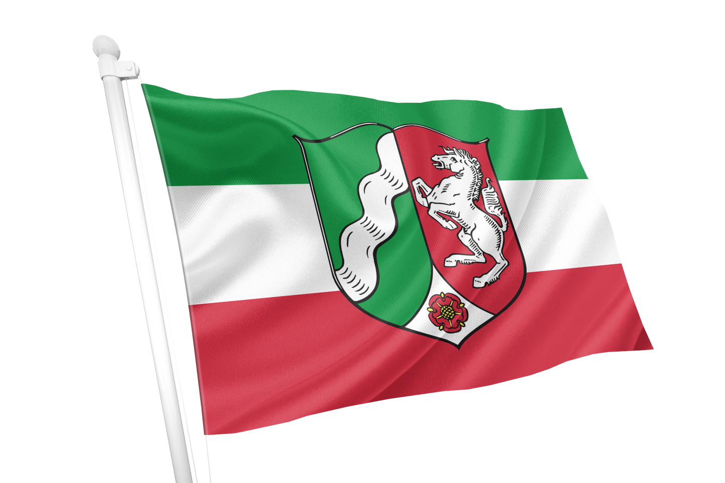 North Rhine Westphalia State Flag. A flag on a white pole with horizontal green, white, and red bands and a central coat of arms featuring a white horse on a red shield, isolated on a white background.