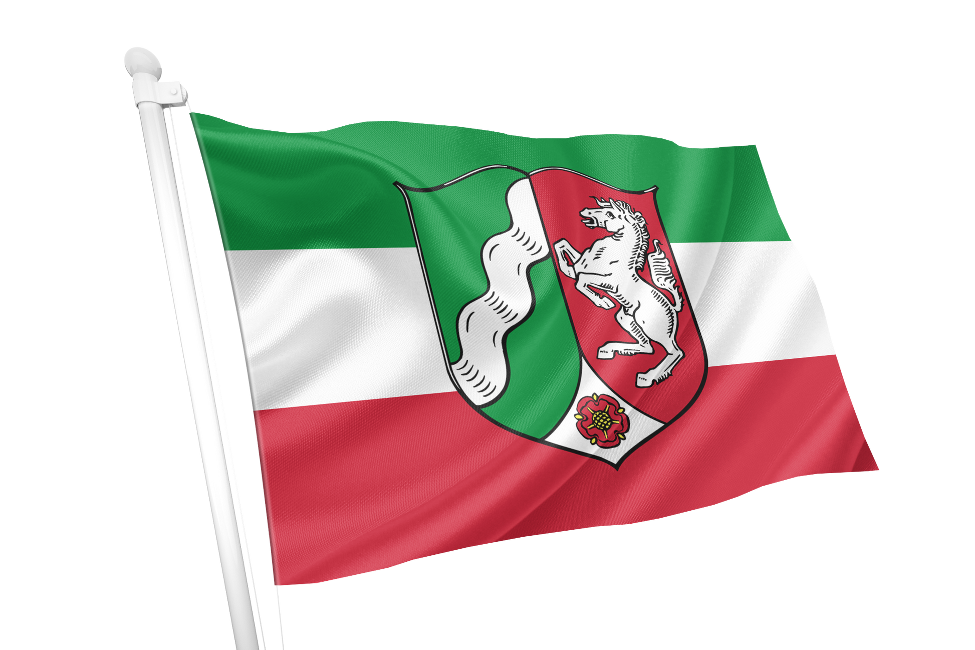 North Rhine Westphalia State Flag. A flag on a white pole with horizontal green, white, and red bands and a central coat of arms featuring a white horse on a red shield, isolated on a white background.