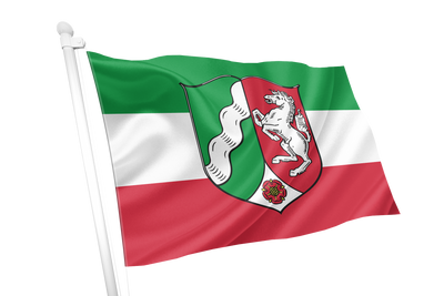 North Rhine Westphalia State Flag. A flag on a white pole with horizontal green, white, and red bands and a central coat of arms featuring a white horse on a red shield, isolated on a white background.