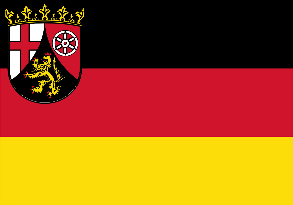 Rhineland Palatinate Flag German flag with horizontal black, red, and yellow stripes and the state coat of arms in the upper left corner.
