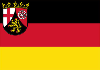 Rhineland Palatinate Flag German flag with horizontal black, red, and yellow stripes and the state coat of arms in the upper left corner.
