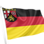 Rhineland Palatinate Flag German city flag with horizontal black, red, and yellow stripes and a black shield crest in the upper left, shown waving on a white flagpole against a light gray background.