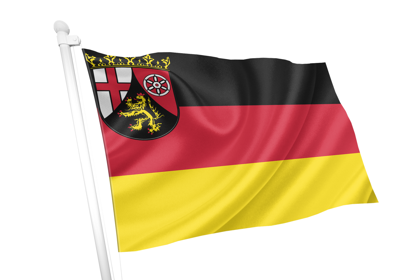 Rhineland Palatinate Flag German city flag with horizontal black, red, and yellow stripes and a black shield crest in the upper left, shown waving on a white flagpole against a light gray background.