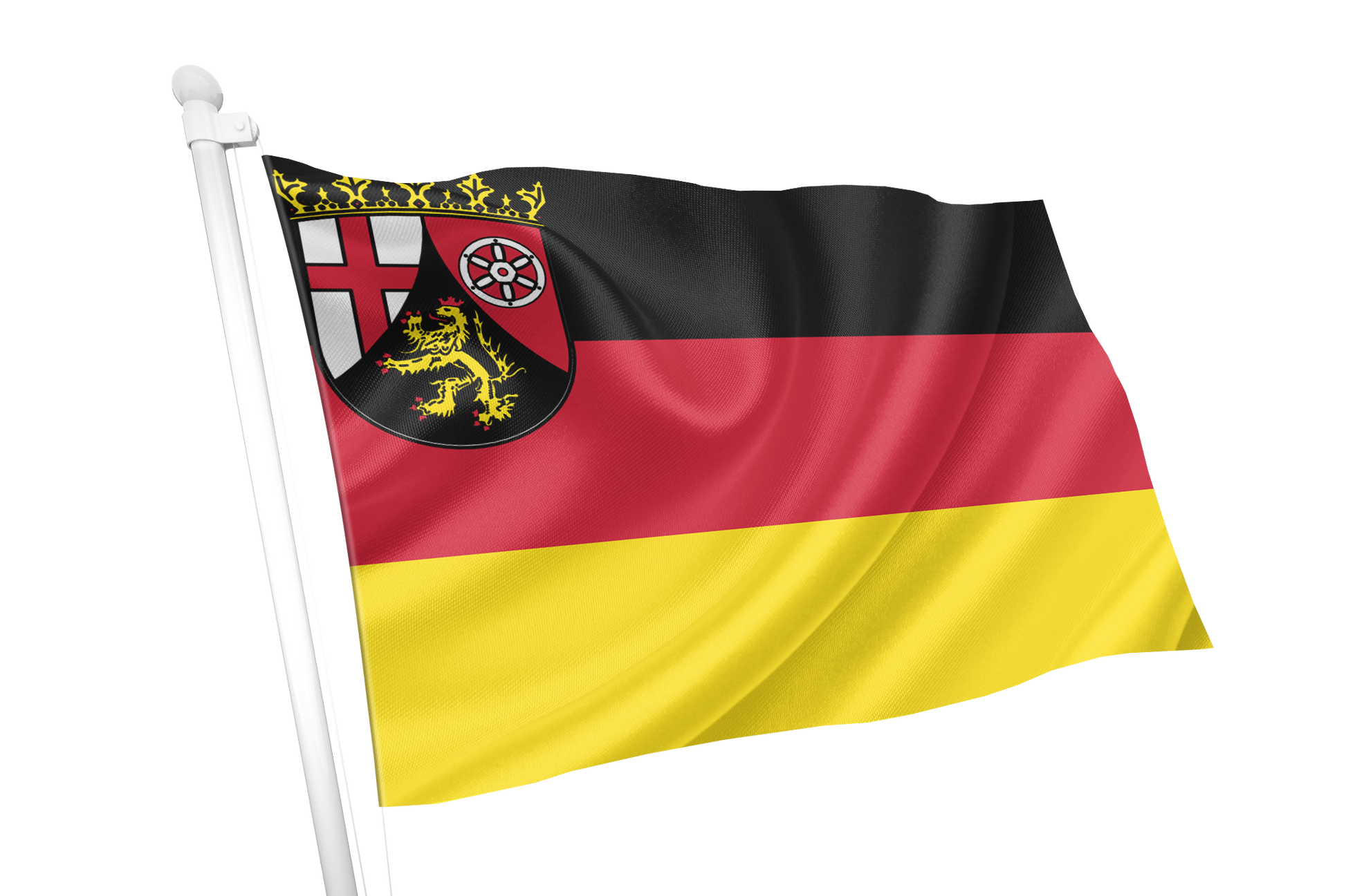 Rhineland Palatinate Flag German city flag with horizontal black, red, and yellow stripes and a black shield crest in the upper left, shown waving on a white flagpole against a light gray background.