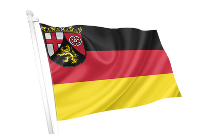 Rhineland Palatinate Flag German city flag with horizontal black, red, and yellow stripes and a black shield crest in the upper left, shown waving on a white flagpole against a light gray background.
