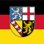 German Saarland State flag with horizontal black, red, and yellow stripes and a central shield containing four quadrants with heraldic lions and a red cross.