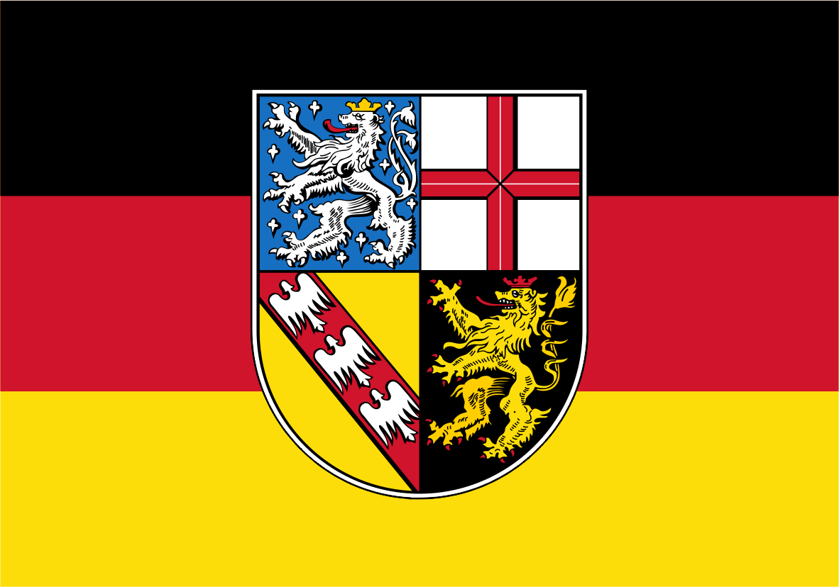 German Saarland State flag with horizontal black, red, and yellow stripes and a central shield containing four quadrants with heraldic lions and a red cross.