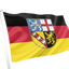 Saarland State Flag on a white flagpole, isolated on a white background. The flag features the traditional black, red, and yellow horizontal stripes with the state coat of arms in the center.