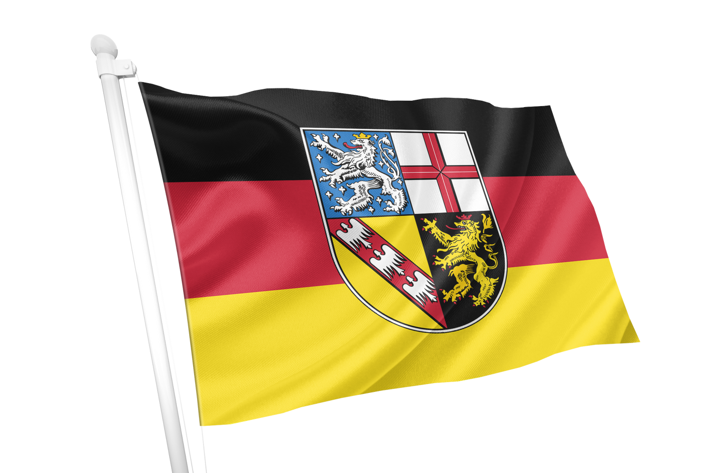 Saarland State Flag on a white flagpole, isolated on a white background. The flag features the traditional black, red, and yellow horizontal stripes with the state coat of arms in the center.