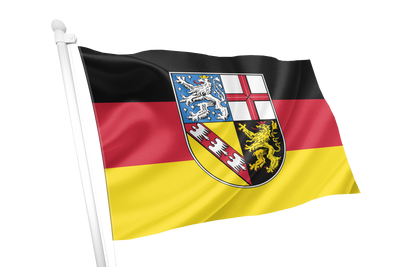 Saarland State Flag on a white flagpole, isolated on a white background. The flag features the traditional black, red, and yellow horizontal stripes with the state coat of arms in the center.