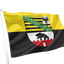 Saxony Anhalt Province Flag. A waving flag on a white pole, featuring a yellow upper half and a black lower half, with a central coat of arms containing green, black, white, red, and yellow details.