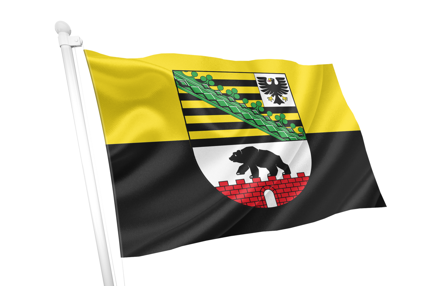 Saxony Anhalt Province Flag. A waving flag on a white pole, featuring a yellow upper half and a black lower half, with a central coat of arms containing green, black, white, red, and yellow details.