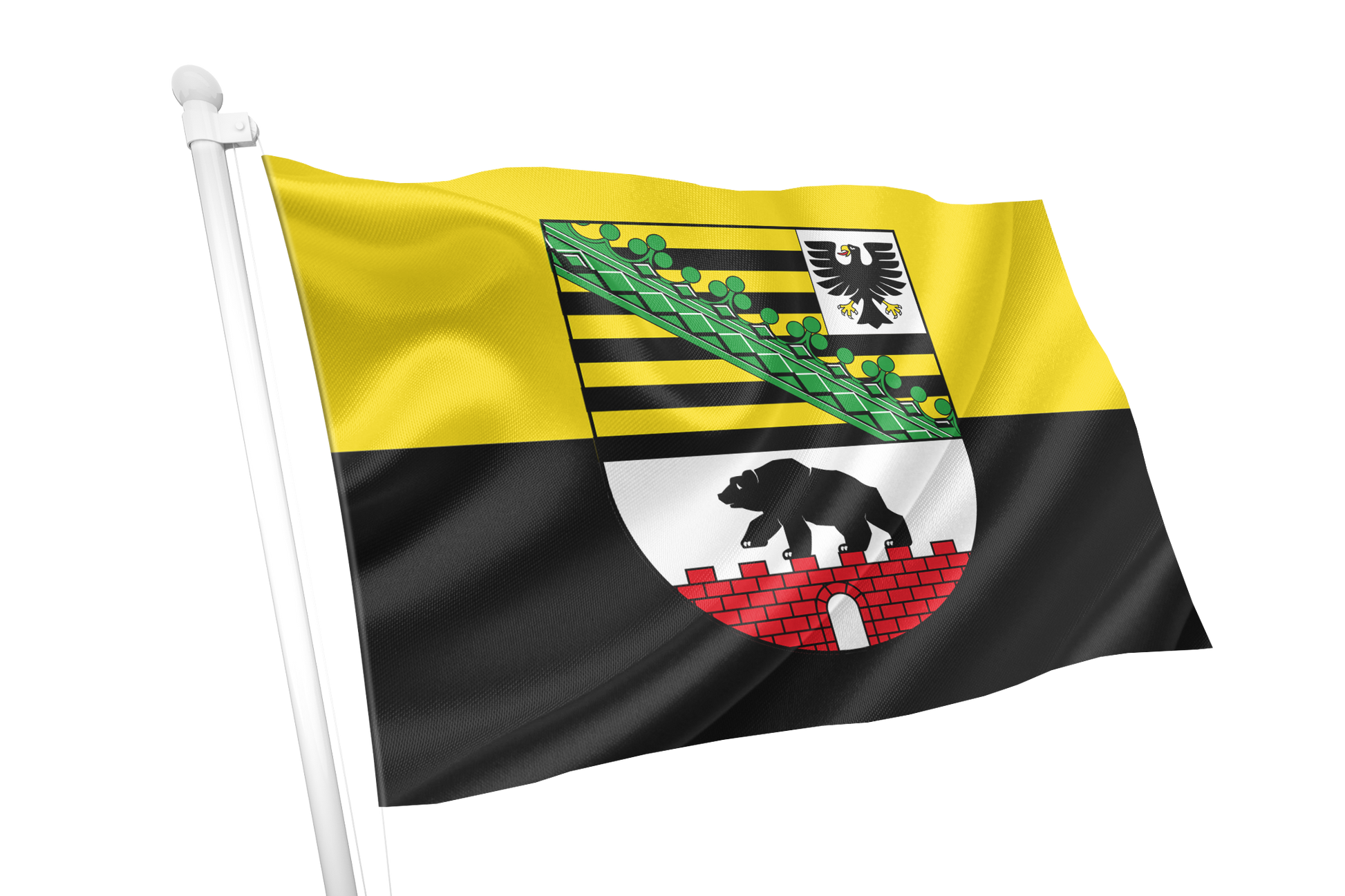 Saxony Anhalt Province Flag. A waving flag on a white pole, featuring a yellow upper half and a black lower half, with a central coat of arms containing green, black, white, red, and yellow details.
