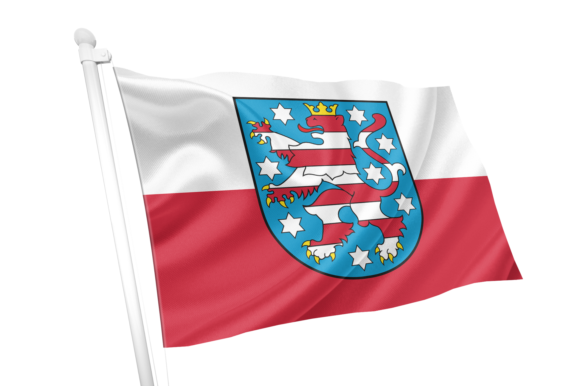 Thuringia State flag on a white pole featuring a horizontal white upper band and red lower band, with a central blue shield containing a red and blue heraldic lion and white stars.