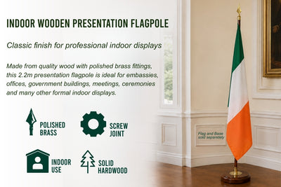 Indoor Wooden presenation flagpole and base in a formal place with pole description
