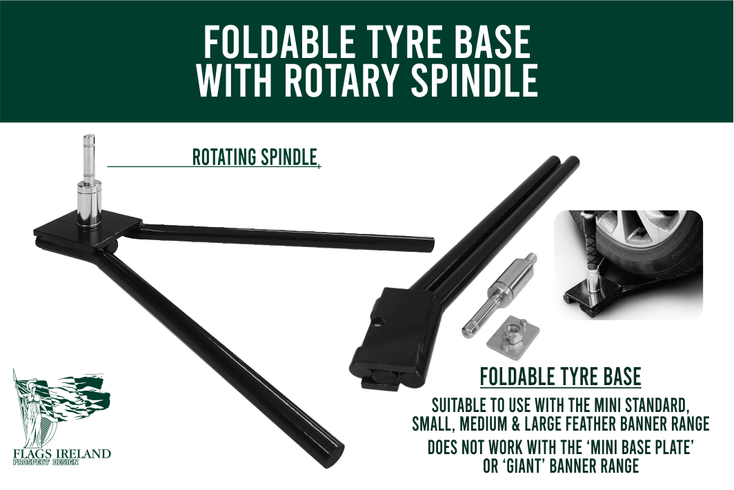 The Foldable Tyre Base with Rotary Spindle fits perfectly under a car tyre or a heavy weight. The feather banner is easily removed or attached when needed.