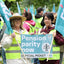 A group of people at an outdoor protest wearing high-visibility yellow vests and holding blue flags and signs, including one that reads 'Pension parity now' and 'Official Picket'.