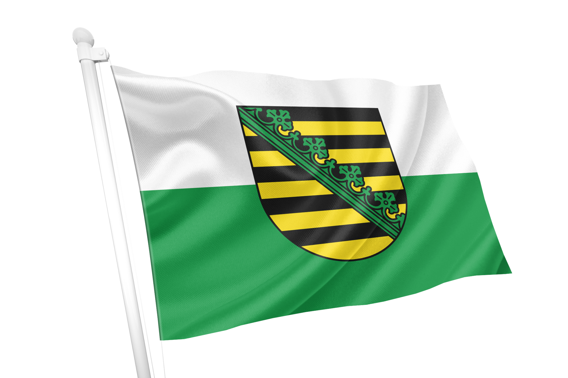 The flag of the Free State of Saxony features a horizontal two-colored design of white over green. It symbolizes the land of Saxony, with white and green representing its regional identity. The official state flag adds the Saxon coat of arms to the center. 