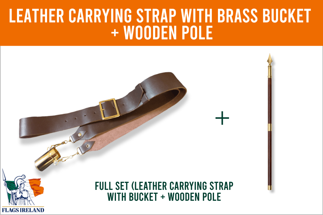 Leather carrying strap with brass bucket and wooden pole set, shown on a white background with an orange header. The strap is dark brown with a brass buckle and hardware, and the wooden pole has gold-toned accents.