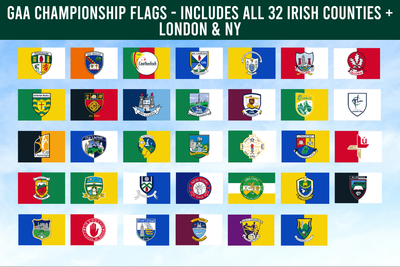 Collection of GAA championship flags from all 32 Irish counties, London, and NY on a blue background.
