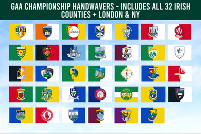 Collection of GAA Championship handwavers from all 32 Irish counties, London, and NY on a blue background.