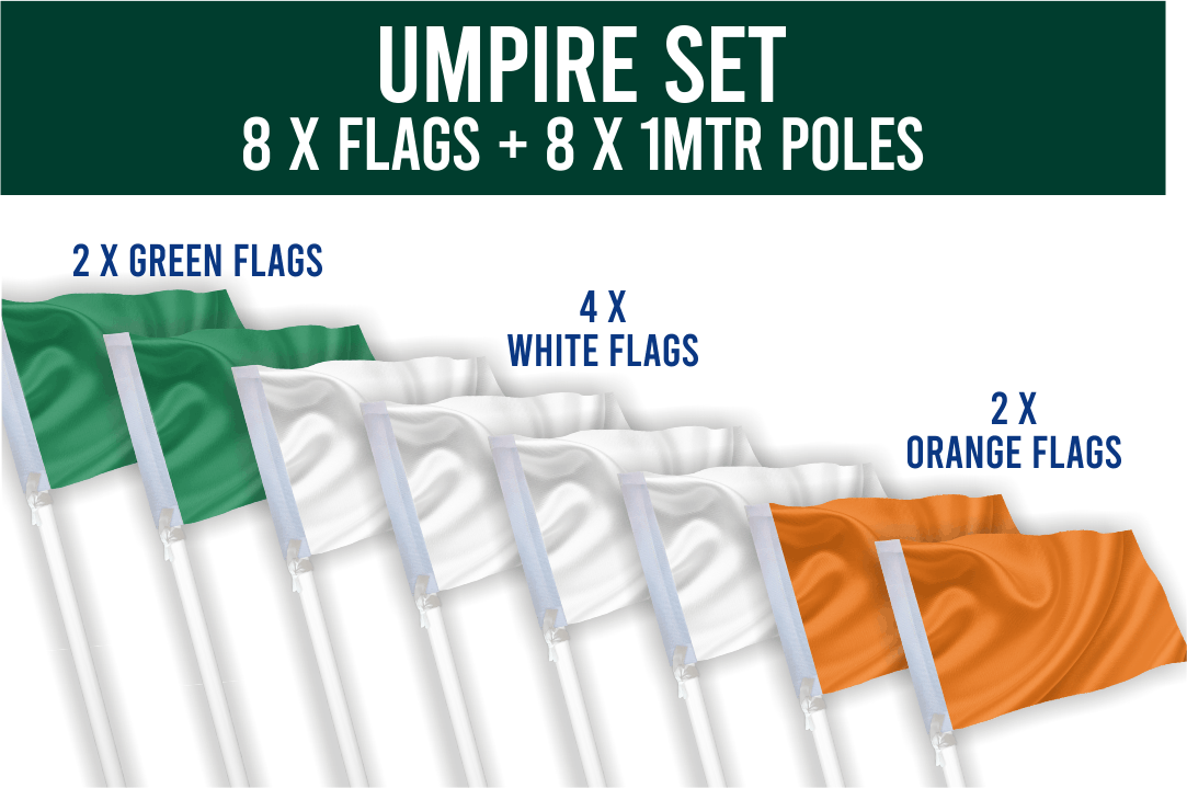 A set of umpire flags and poles with flags in green, white, and orange colors displayed on a white background.