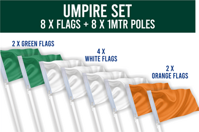 A set of umpire flags and poles with flags in green, white, and orange colors displayed on a white background.