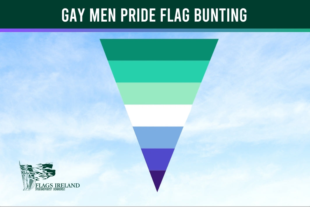 Gay Men Pride Flag bunting with 'Flags Ireland' logo on a blue sky background