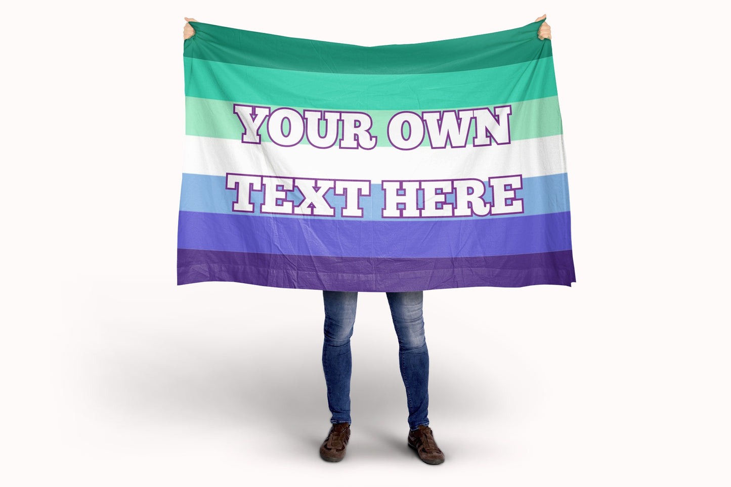 Person holding a gay men flag with customizable text in a rainbow pattern on a white background