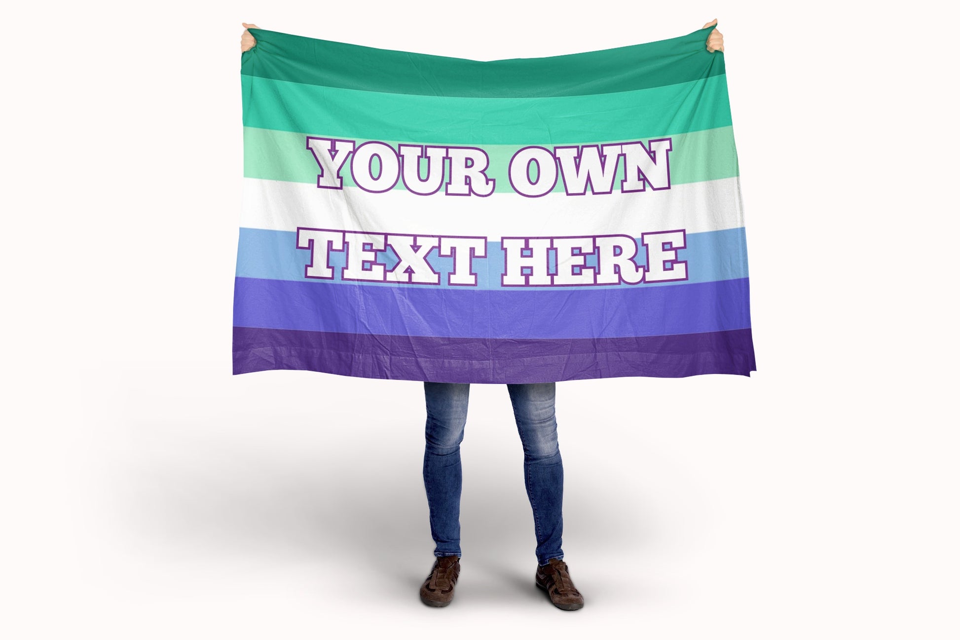 Person holding a gay men flag with customizable text in a rainbow pattern on a white background