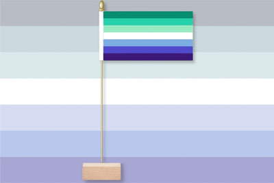 Gay Men Colorful striped flag on a stand against a multicolored background