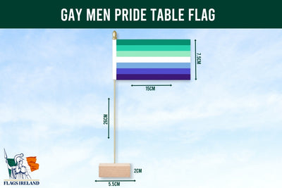 Gay Men Pride table flag with dimensions on a blue background