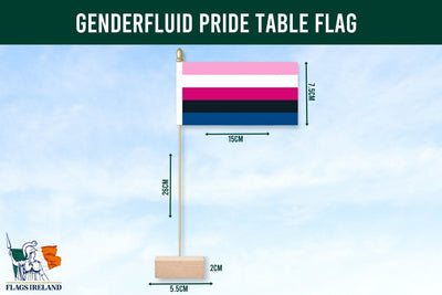 Genderfluid pride table flag with dimensions and Flags Ireland logo.