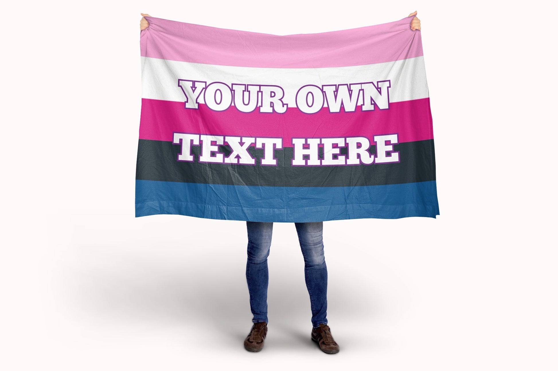 Person holding a genderfluid flag with customizable text on a white background