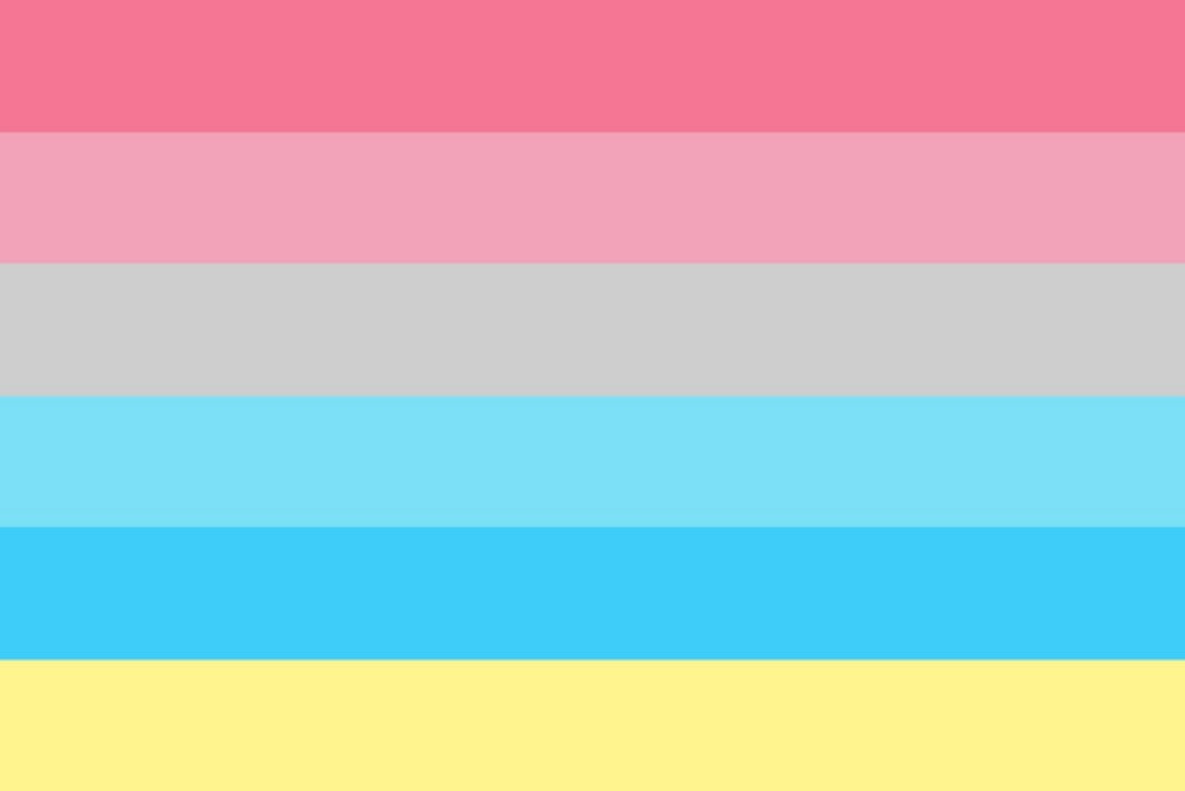 Genderflux Pride Flag with pink, gray, blue, and yellow horizontal stripes.