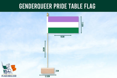 Genderqueer pride table flag with dimensions on a blue background