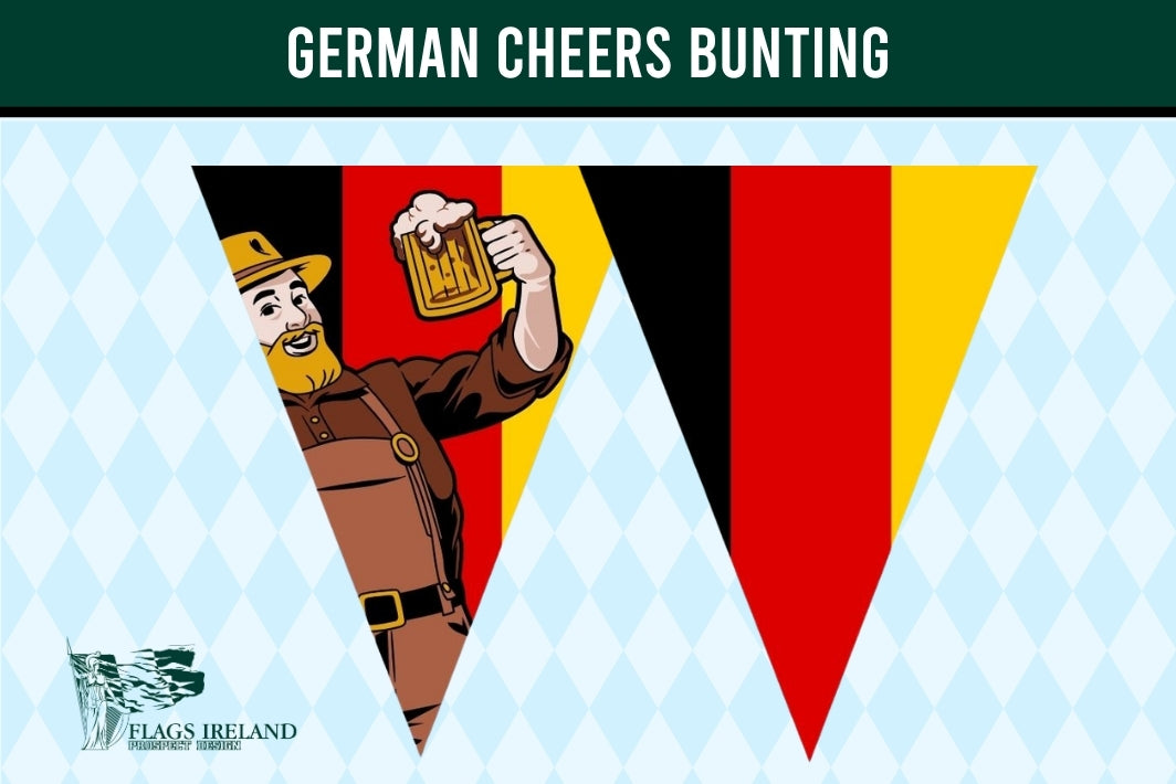 A triangular pennant banner design featuring the German flag colors with a cartoon beer-bowling figure on a light blue harlequin patterned background. A dark green banner at the top reads 'GERMAN CHEERS BUNTING' and a small 'Flags Ireland' logo appears in the lower left.