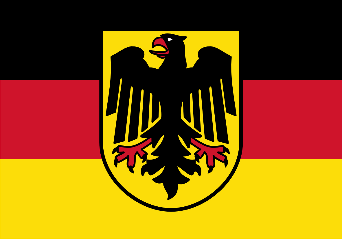 Germany Government Service Flag. German flag with a black eagle shield emblem centered over the three horizontal stripes of black, red, and yellow.