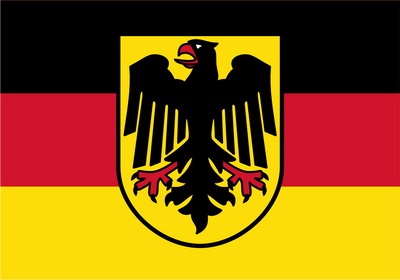 Germany Government Service Flag. German flag with a black eagle shield emblem centered over the three horizontal stripes of black, red, and yellow.