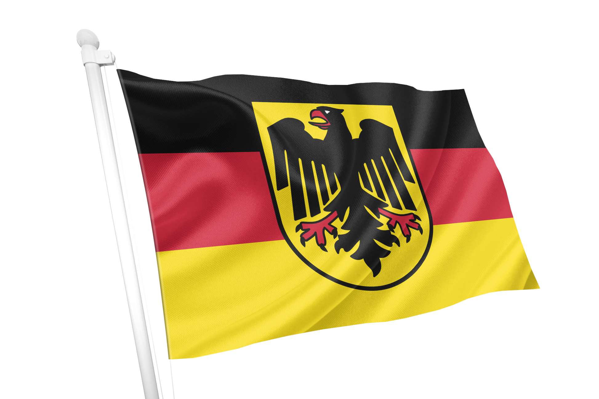 Germany Government Service Flag. German flag on a white flagpole, featuring horizontal black, red, and yellow stripes with a black eagle emblem in the center, isolated on a white background.