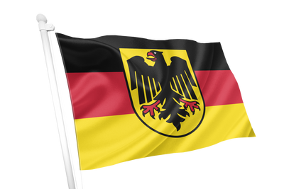 Germany Government Service Flag. German flag on a white flagpole, featuring horizontal black, red, and yellow stripes with a black eagle emblem in the center, isolated on a white background.