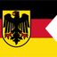Germany Naval Ensign Flag. German flag design with horizontal black, red, and yellow bands, a black eagle emblem on a yellow shield, and a white diagonal section on the right.