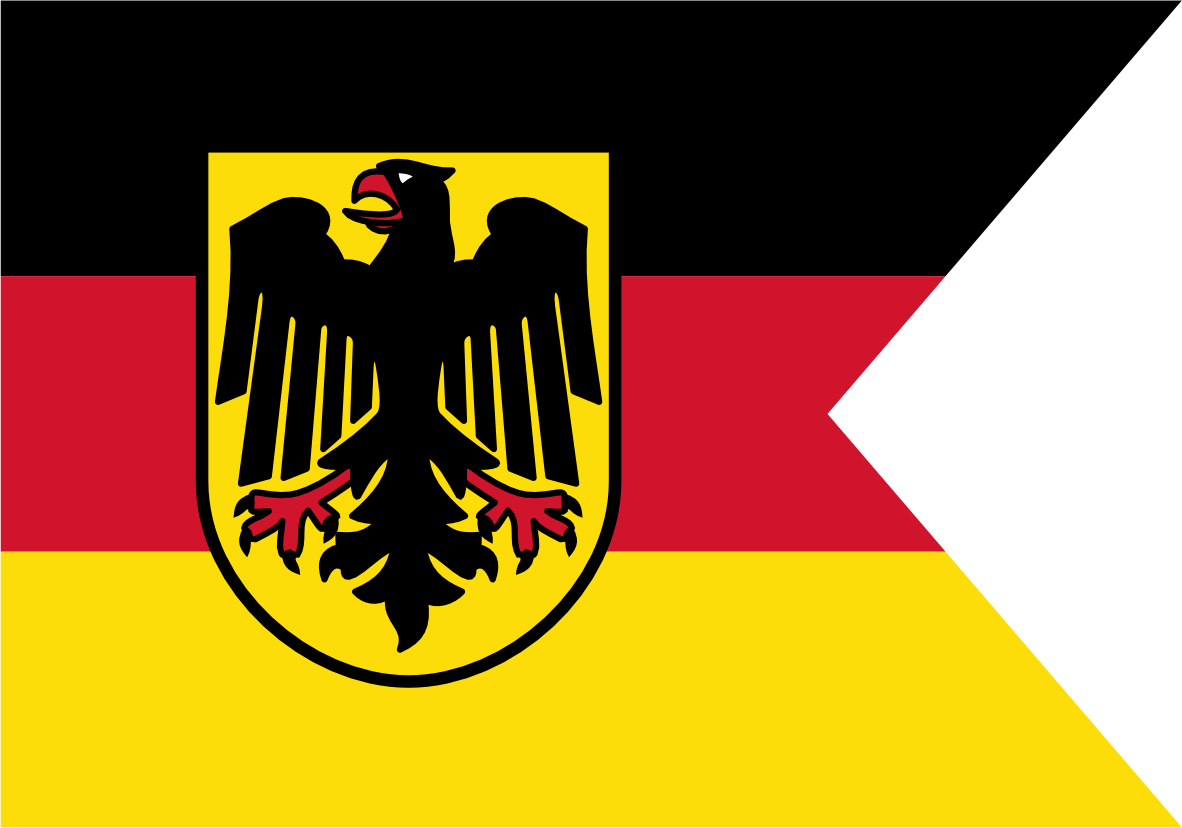 Germany Naval Ensign Flag. German flag design with horizontal black, red, and yellow bands, a black eagle emblem on a yellow shield, and a white diagonal section on the right.