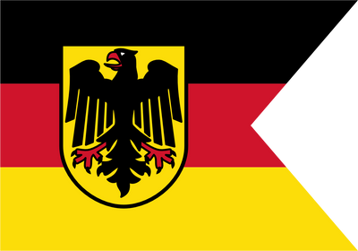 Germany Naval Ensign Flag. German flag design with horizontal black, red, and yellow bands, a black eagle emblem on a yellow shield, and a white diagonal section on the right.