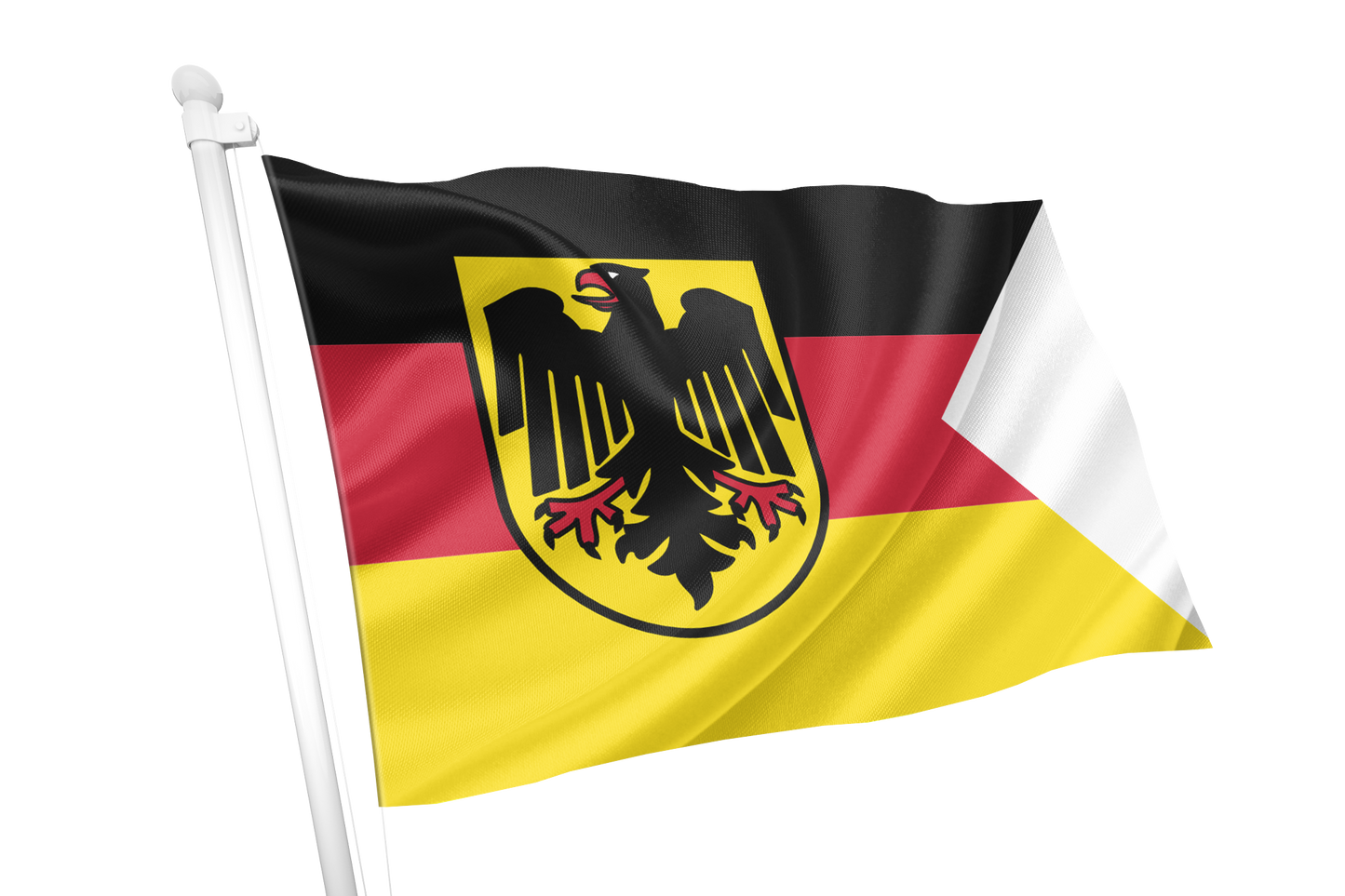 Germany Naval Ensign Flag. A waving flag with horizontal black, red, and yellow bands and a black eagle emblem in the center, attached to a white pole against a plain white background.