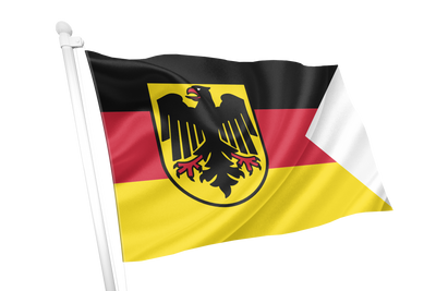 Germany Naval Ensign Flag. A waving flag with horizontal black, red, and yellow bands and a black eagle emblem in the center, attached to a white pole against a plain white background.