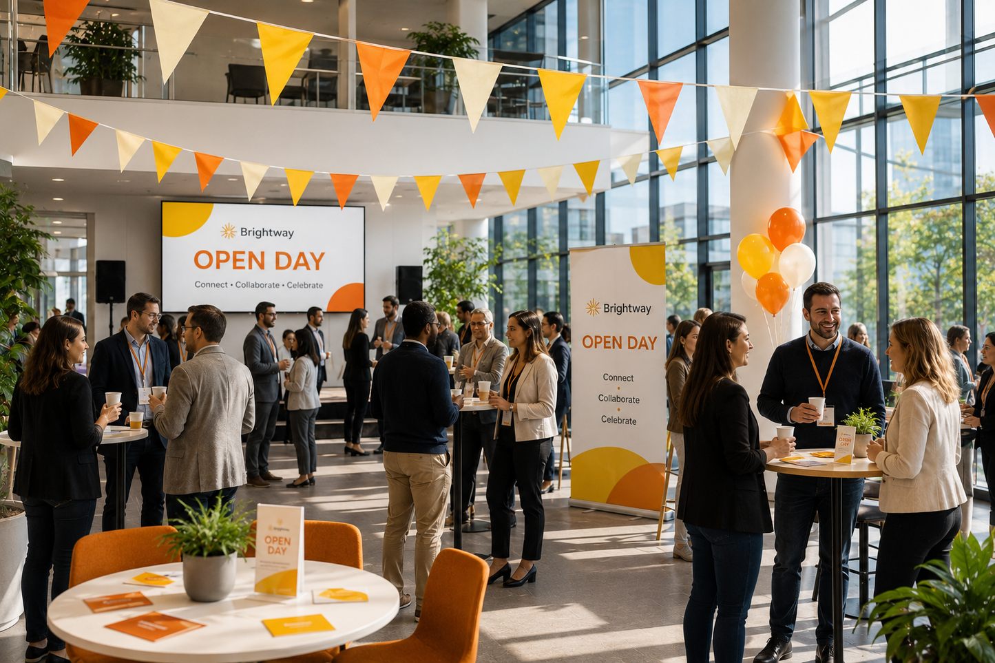 Open Day event with people networking in a modern building with bunting decoration.